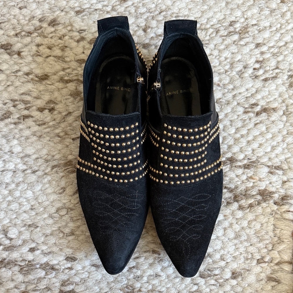 Anine Bing Charlie Low Suede Ankle Boots. Black suede, gold studs. Size 38
